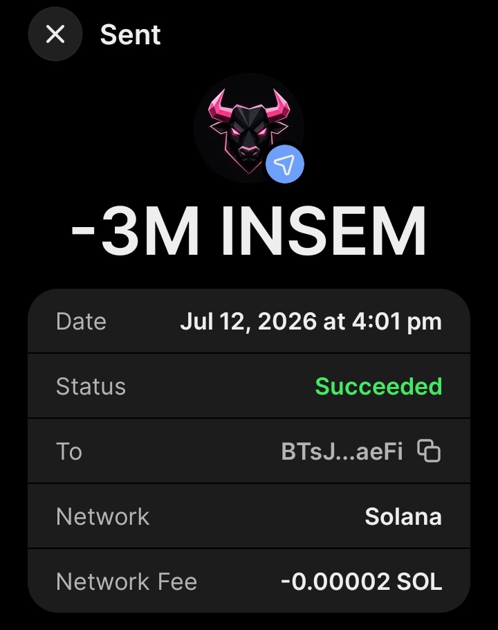 THEPINK_BULL's tweet photo. ✅ Purchase 3 MILLION $INSEM completed for 0.2 $SOL

Buy $INSEM Now
Send between 0.2 SOL and 10 SOL to: 3ua3NJpQzsXtZ9jVzpH6ppjXsads9cMvUPdTUvF2MKvF

1 SOL = 15M $INSEM
10 SOL = 200M $INSEM

Retweet &amp; Drop SOL Address https://t.co/1kth81Bdgi