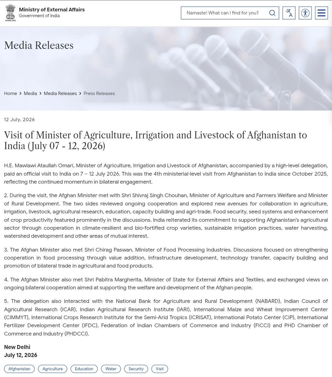 sidhant's tweet photo. India to support Afghanistan’s agricultural sector through cooperation in climate-resilient and bio-fortified crop varieties, sustainable irrigation practices, water harvesting: India Statement https://t.co/9QaCtisuJY