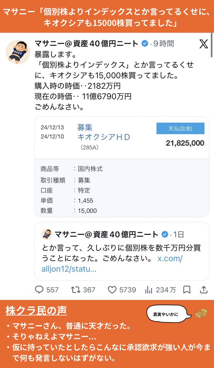tonkatsu_index's tweet photo. ＜今週の株クラ＞
①マサニー「暴露します。個別株よりインデックスとか言ってるくせに、キオクシアも15000株買ってました」
②ちょる子「もうおかしなことになってるぞ！」
③ TKM「ちょるねえおめえええええ！え？」
④みうみう「キオクシアで全財産失いました。新卒からコツコツ貯めてきた250万円」 https://t.co/hx1CCr7Dzs