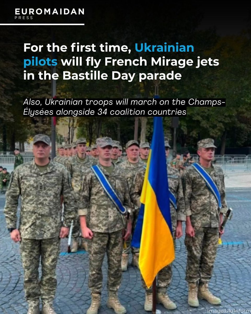 EuromaidanPress's tweet photo. Ukraine will participate in France's Bastille Day parade for the first time on 14 July, with 25 servicemembers marching on the Champs-Élysées alongside French forces and representatives of 34 other Coalition of the Willing countries

Ukraine received the maximum foreign quota allowed by France for each partner delegation. Ukrainian troops will close the international section of the parade, with President Zelenskyy on the presidential tribune alongside other heads of state and government.

The aerial component carries its own weight. The parade will open with the Patrouille de France aerobatic display, accompanied by two French Mirage 2000B two-seaters. French pilots will fly the aircraft, but Ukrainian pilots who trained on the same Mirage 2000B jets at the Nancy and Cazaux air bases in France will serve as co-pilots.

Ukrainian Senior Lieutenant Yaroslav described what the march means to the troops participating: "We march for everyone who is now on the front line. And in memory of those who fell in battle. And we remember every hero."

France delivered the first Mirage 2000-5F to Ukraine in February 2025 and by early 2026 was considering transferring all 26 of its remaining Mirage 2000 aircraft