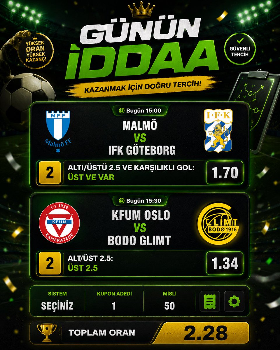 SerhatSlot's tweet photo. 🏆 Dünya Kupası arasını İsveç ve Norveç ligleriyle değerlendiriyoruz!
⚽ Malmö – IFK Göteborg ✅ Üst 2.5 Gol &amp; Karşılıklı Gol Var (1.70)
⚽ KFUM Oslo – Bodø/Glimt ✅ Üst 2.5 Gol (1.34)
Kupon yaptığımız site 👉 https://t.co/QhSZhR4jgE

#marsbahis #marsbet https://t.co/Ts8cSLViLF