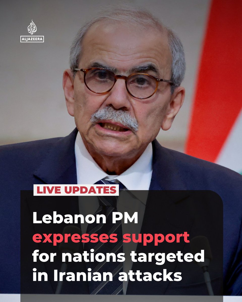 AJEnglish's tweet photo. Lebanese Prime Minister Nawaf Salam has condemned Iran’s attacks on Jordan, Bahrain, Kuwait, Oman, and Qatar.

🔴 LIVE updates: https://t.co/2gbfKRbXWz https://t.co/O5FTEGWXUe