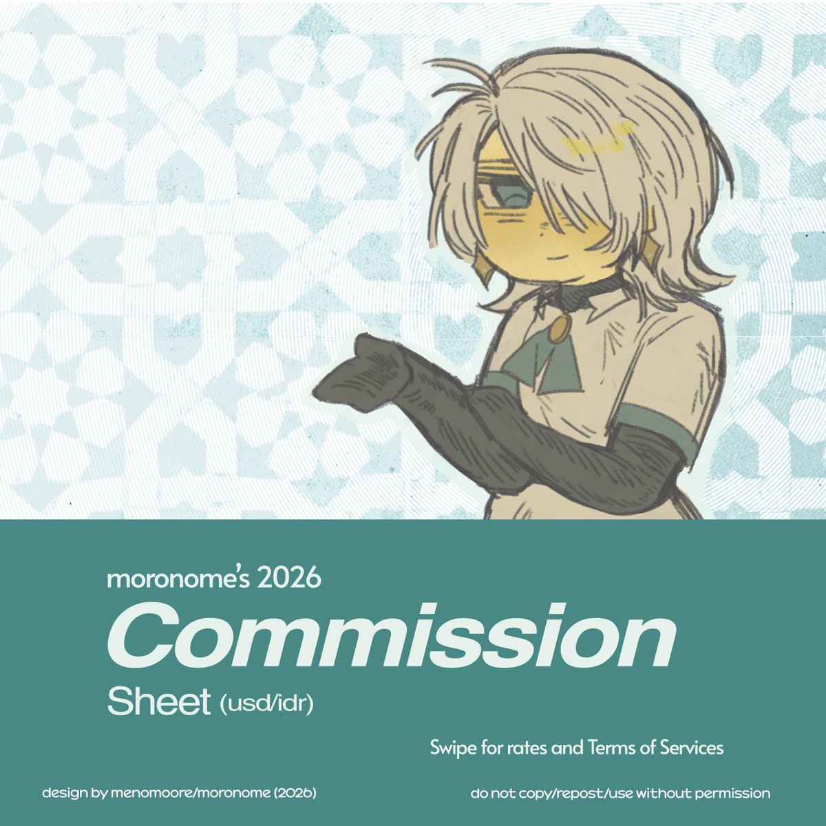 menomoore's tweet photo. ♡ and ↻ are very appreciated!

Hello, my art commissions for locals (idr) and internationals (usd) are finally open!

Please contact me through here or DC for further inquiries, don't forget to read the ToS first ^^

[Please do mention me after DM!]
#artcommsopen #zonakaryaid https://t.co/ZaTsMwJe4P