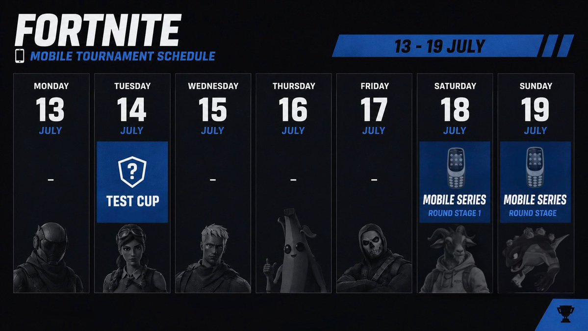 drkestach's tweet photo. Fortnite Mobile | Tournament Schedule (July 13–19) 📱

Nothing new. Same routine 🥱 https://t.co/h92Dq443FC