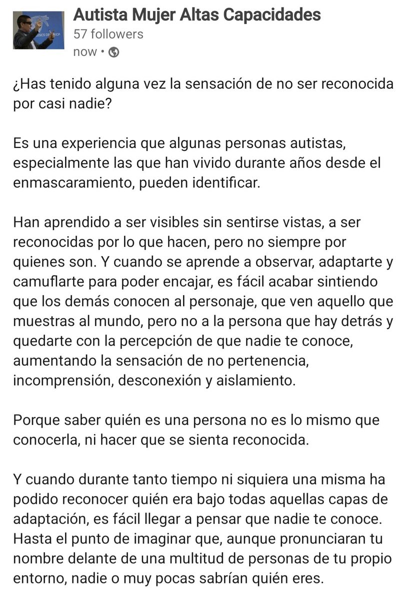 AutistaMujerAC's tweet photo. ¿Has tenido alguna vez la sensación de no ser reconocida por casi nadie?

Es una experiencia que algunas personas autistas, especialmente las que han vivido durante años desde el enmascaramiento, pueden identificar.

Seguim!! 💜🫂♾️ https://t.co/mYqFQoZXD2