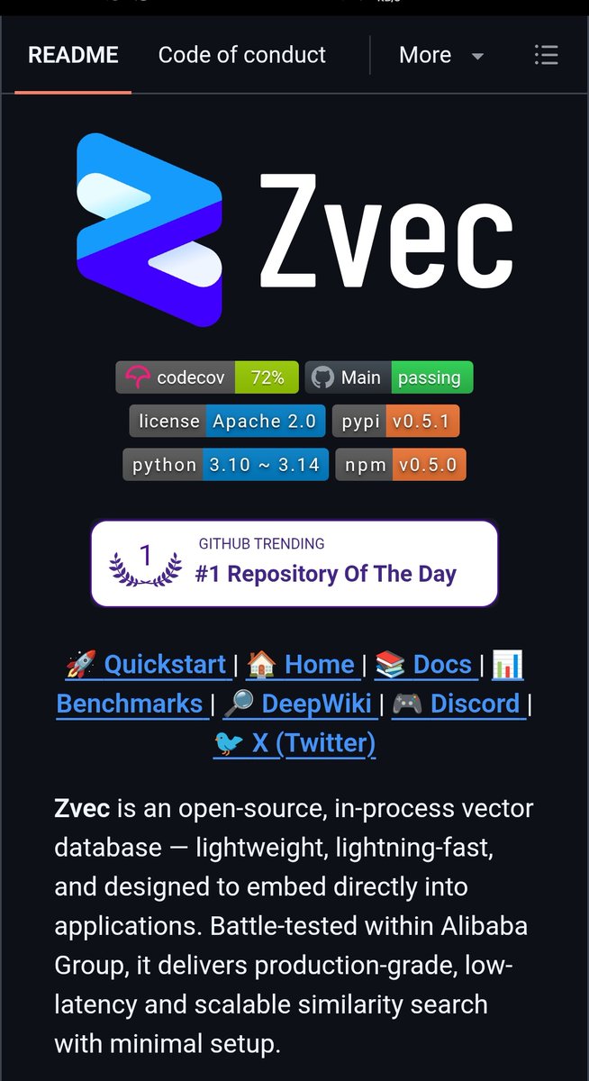 smratitiwa86867's tweet photo. 🚨 Alibaba just open-sourced a vector database that's built for modern AI apps.

It's called Zvec.

No complex setup.
No database servers.
No Docker containers.

Just:

"pip install zvec"

And you're ready to build.

Why developers are paying attention:

• Dense, sparse, and hybrid search in one API
• Handles billions of vectors with millisecond-level search
• Lightweight and easy to integrate
• Apache 2.0 open-source license
• Designed for RAG, AI agents, semantic search, and recommendation systems

If you're working with LLMs or building retrieval-powered applications, Zvec is definitely worth exploring.

🔗 GitHub link is in the first comment.