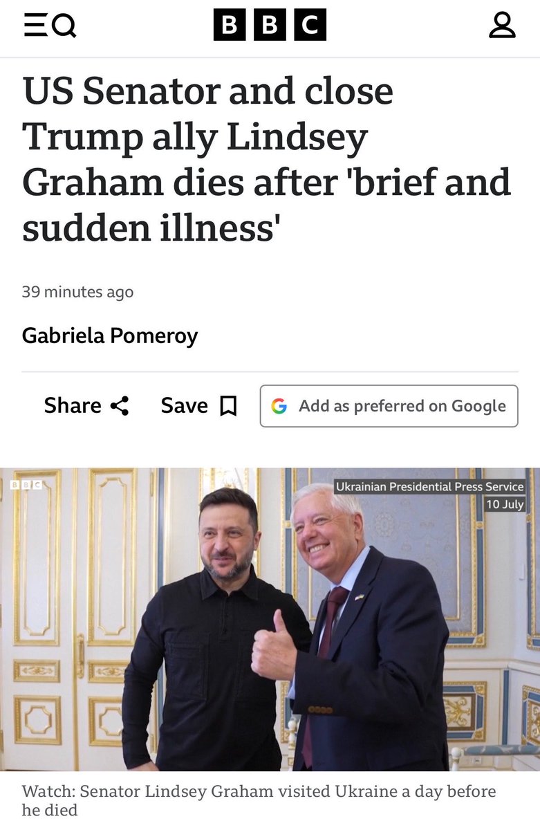 OliLondonTV's tweet photo. 5 days ago the Iranian regime threatened the life of Senator Lindsey Graham. 

On Saturday evening he died after a “brief and sudden illness” after returning to the U.S. from a visit to Ukraine. https://t.co/EscO2R531k