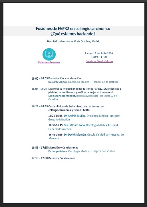 cofiadeva's tweet photo. 💊Fusiones de FGFR2 en colangiocarcinoma🔐: ¿qué estamos haciendo? Lo estamos diagnosticando bien? Casos clínicos reales! Toxicidad, secuenciación, downstaging! Online. Gratuito. Lunes 13 de Julio 2026. 16:00 – 17:30.  Susana Hernández, Andres Muñoz, Miriam Lobo, David Salomón. https://t.co/4vSwlfN8sm