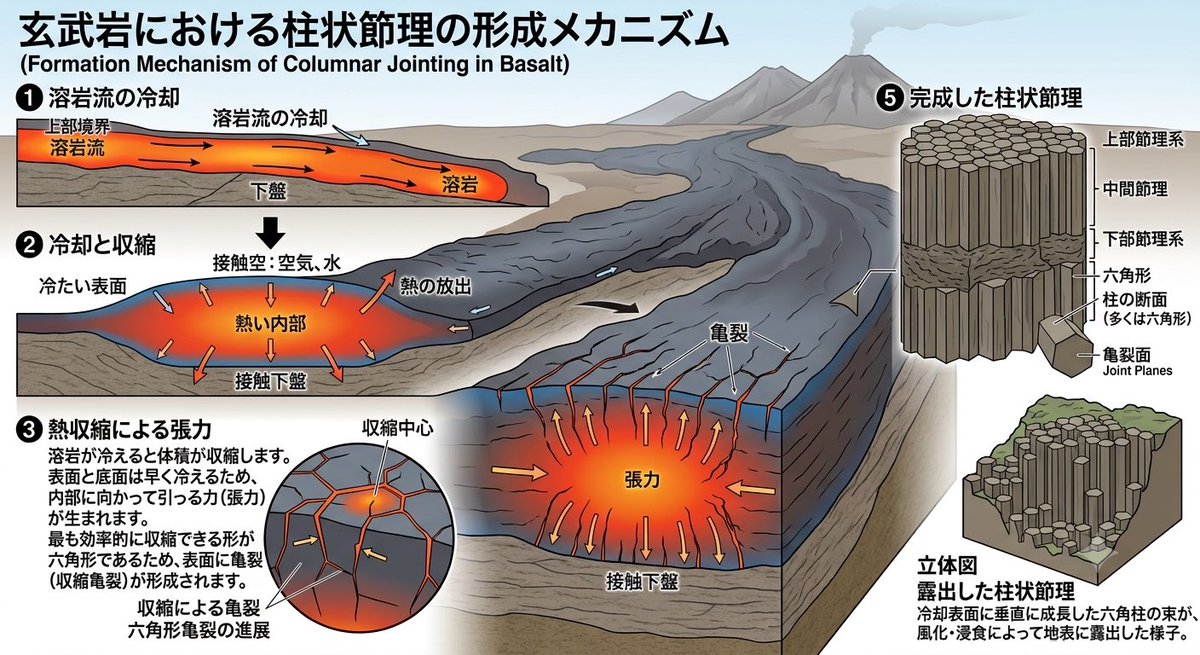Milkywaysflood's tweet photo. 図解は適当ジェミニくんです

柱状節理は重力方向ではなく、溶岩内の等温線に対して垂直にできます。
六角形になるのは、なんやかんや力学的に効率がいいためで、蜂の巣が六角形なのと似ています。

実は横方向にもちょこちょこ割れており、波などの侵食を受けると輪切りになって崩れていきます。 https://t.co/XlVactiXCD