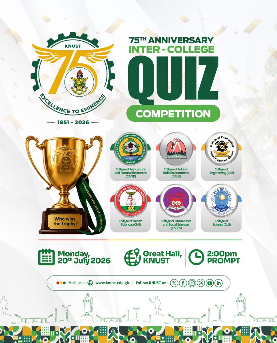 watsuptek's tweet photo. KNUST is set to host its maiden 75th Anniversary Inter-College Quiz Competition, bringing together students from the University’s six colleges to celebrate knowledge, history, and academic excellence as part of its Diamond Jubilee anniversary activities.

#WatsuptekReport https://t.co/0R1ZqOVJer