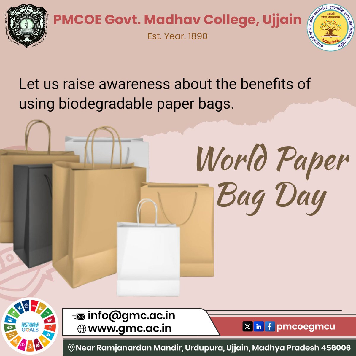 pmcoegmcu's tweet photo. Greetings from P.M. College of Excellence Govt. Madhav College, Ujjain
#WorldPaperBagDay #SayNoToPlastic #GoGreen #PaperBag #EcoFriendly #Sustainability #SaveEarth #GreenLiving #ReduceReuseRecycle #PlasticFree #EnvironmentMatters #ClimateAction #NatureLovers #BeTheChange https://t.co/mQp7BKZczM