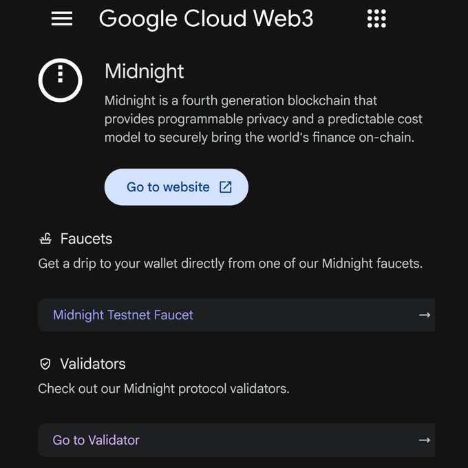 ManuelOnchain's tweet photo. UPDATE:  Google publishes Midnight, Midnight faucet, and Google Midnight Validator on its web3 portal

Hugee 💥💥 https://t.co/eRHYe8DUpW
