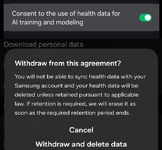 IntCyberDigest's tweet photo. ‼️ Samsung is forcing users to hand over their data for AI training by breaking core functionality of its Health app.

A new consent notice covers activity, health records, medication, and menstrual cycle data. Opt out and the app warns it will stop syncing to your Samsung account and delete the data already stored there.
