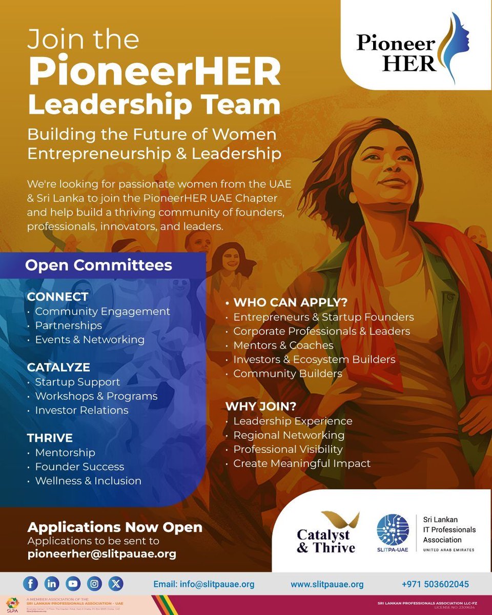 LankanUae's tweet photo. Call for Committee Members

Applications Now
Share your profile and become part of a community that’s shaping the future of women entrepreneurship and leadership across the region.

Please send your detail CV to Pioneerher@slitpauae.org
on or before 25th July https://t.co/rZcRpDX04w