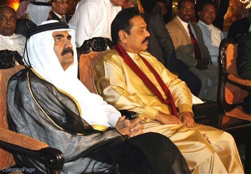 PresRajapaksa's tweet photo. Deeply saddened by the passing of former Emir of Qatar, HH Sheikh Hamad bin Khalifa Al Thani. I fondly recall his historic 2012 visit to Sri Lanka at my invitation, which transformed our bilateral ties. Our thoughts and prayers are with the royal family and the Qatari people. https://t.co/fBGQ08bf3H