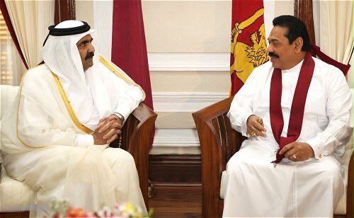 PresRajapaksa's tweet photo. Deeply saddened by the passing of former Emir of Qatar, HH Sheikh Hamad bin Khalifa Al Thani. I fondly recall his historic 2012 visit to Sri Lanka at my invitation, which transformed our bilateral ties. Our thoughts and prayers are with the royal family and the Qatari people. https://t.co/fBGQ08bf3H