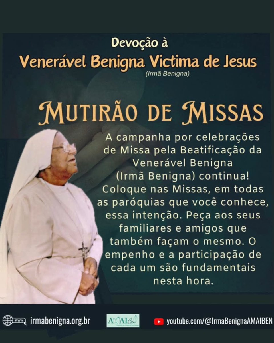 IrmaBenigna's tweet photo. Devoção à Venerável Benigna Victima de Jesus (Irmã Benigna): 
- Site oficial: https://t.co/c89ZkuzYXS
- Canal do YouTube: https://t.co/BB3vbI3KS9 https://t.co/9FsEmPmuVY