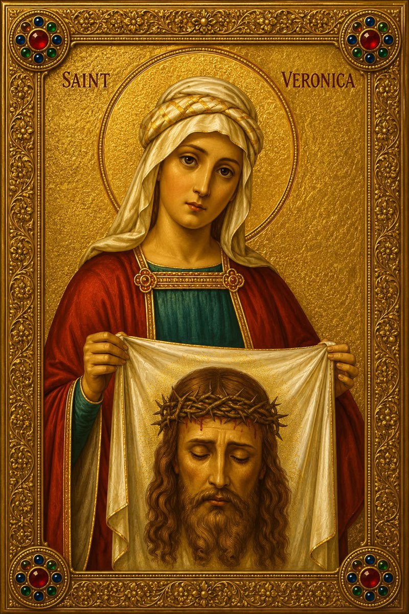 chiamaka___o's tweet photo. Saint Veronica is a revered Christian figure remembered for her courageous act of compassion during Jesus Christ’s journey to Calvary. According to sacred tradition, she stepped through the crowd and offered Jesus her veil so He could wipe the sweat and blood from His face. When the cloth was returned, an image of His suffering face was said to have miraculously appeared on it, becoming known as the Veil of Veronica or the “True Image.”

Her compassionate gesture is commemorated in the Sixth Station of the Cross, where Veronica wipes the face of Jesus. Celebrated on July 12, she is regarded as the patron saint of photographers, images, and laundry workers. Her story continues to inspire Christians to show courage, kindness, and mercy toward those who are suffering.

🙏🏿:  Prayer to Saint Veronica

O glorious Saint Veronica, 
you were moved by compassion at the sight of our suffering Savior carrying His cross to Calvary.

With great courage, you pushed through the crowd to wipe the blood and sweat from His holy face with your veil, and were rewarded with the miraculous imprint of His Divine Countenance.

Obtain for me, I pray, a heart as brave and compassionate as yours. Teach me to comfort the suffering and to see the face of Jesus in the poor, the lonely, and the broken-hearted.

Pray for me that I may live a life worthy of Christ, so that one day I may gaze upon His glorious face in heaven.

Amen.