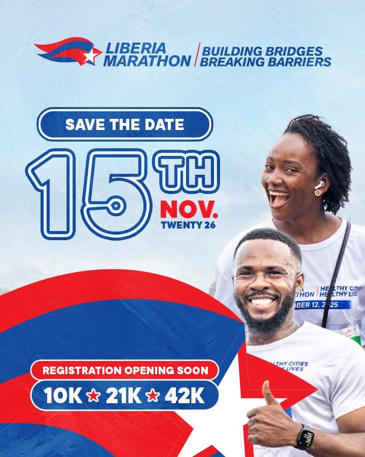 LiberiaMarathon's tweet photo. 📢 Save the Date: Liberia Marathon 2026 on November 15

👟Tie your laces and start your practice - it is time to run again.

🇱🇷The Liberia Marathon 2026 will take place on Sunday, November 15 under the theme "Building Bridges, Breaking Barriers".

#liberiamarathon #liberiarunning https://t.co/VzvzfDxFWE