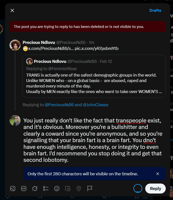 BruceRLong's tweet photo. @PreciousNdl6 @brucerdity @JohnCleese You have the same strategy as most bigoted, lying, useless cowards. You brain fart with a lie and then block and run. Women are in danger world wide because of conservative, heterosexual men. They're statistically most likely to be murdered by their heterosexual husband or ex. https://t.co/ZIkx3RqDMI