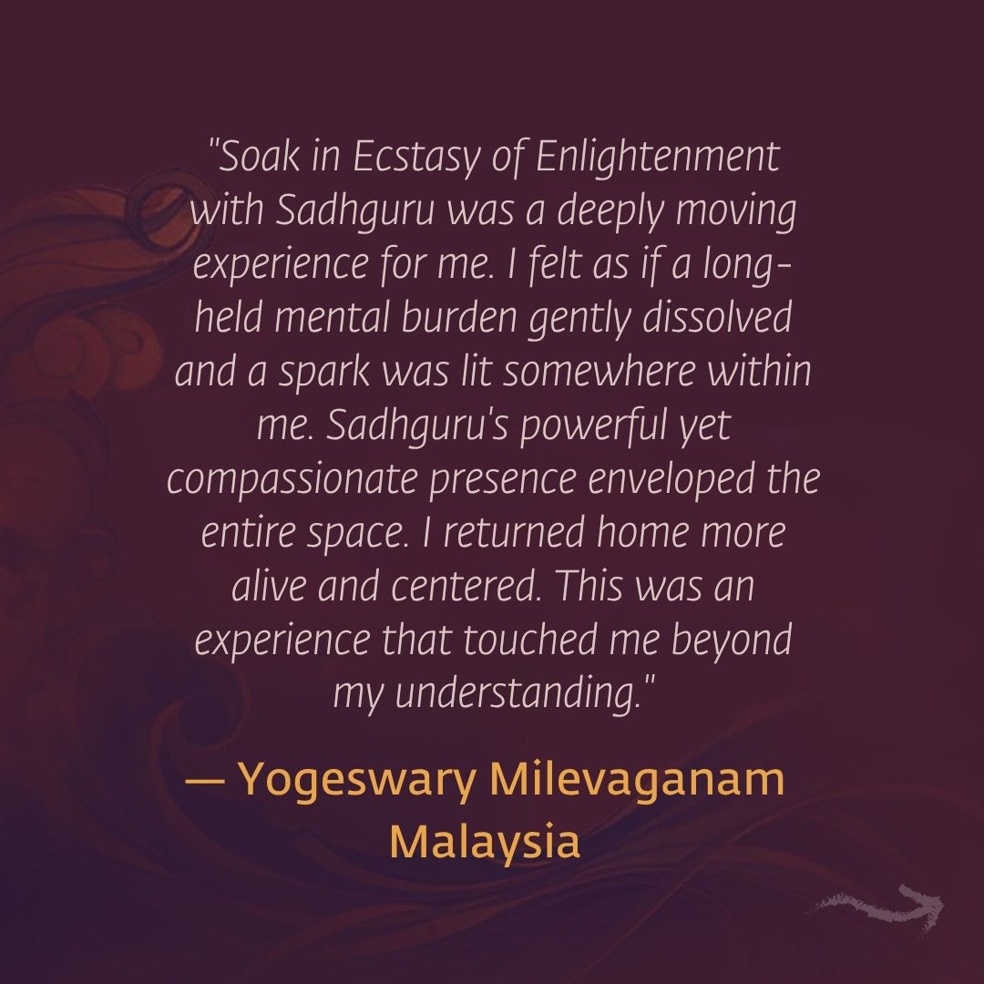 ishafoundation's tweet photo. Sadhguru will be personally conducting the ""Soak in Ecstasy of Enlightenment"" full-day experiential program in Kuala Lumpur, Malaysia. This is not merely a program or an event. This is an immense wave of grace and energy. This is an opportunity to be swept away in nameless ecstasies in Sadhguru’s presence.

Find out more: https://t.co/YSeL04LKxl