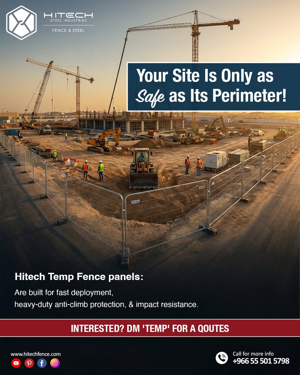 fencesteelksa's tweet photo. Your site is only as safe as its perimeter!✨🚧  
Engineered for active construction sites across Saudi Arabia — from Riyadh to NEOM.

Hitech Temp Fence panels are built for:
✓Fast deployment
✓Heavy-duty anti-climb protection
✓Impact resistance https://t.co/q4NdnXUJrL