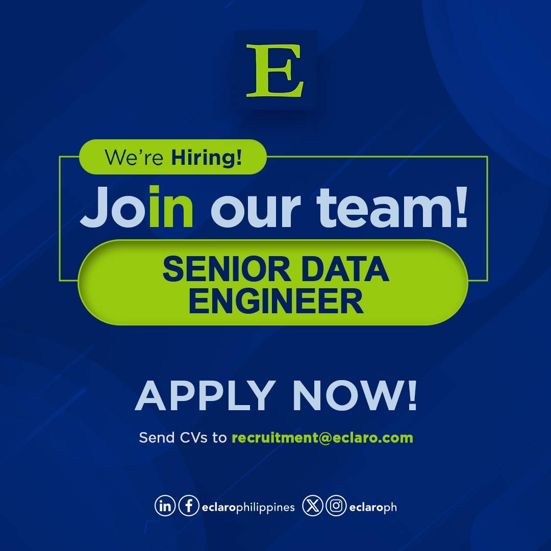 EclaroPh's tweet photo. This Senior Data Engineer opportunity with a global client develops data pipelines and cloud-based solutions.

Send your CV at recruitment@eclaro.com or apply at https://t.co/UeHueAzgTE

Don't forget to mention where you've seen us. 😉

#ECLARO #ECLAROCareers #jobsph https://t.co/3f0Sm5uaNW