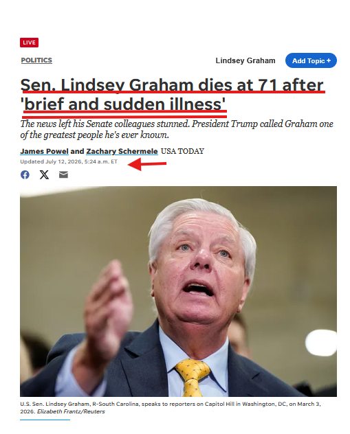 TheDebriefing17's tweet photo. 🤔"BRIEF &amp; SUDDEN ILLNESS" LINDSEY GRAHAM DEAD AT "71." 👇👇👇 https://t.co/SKx7JoWb8k