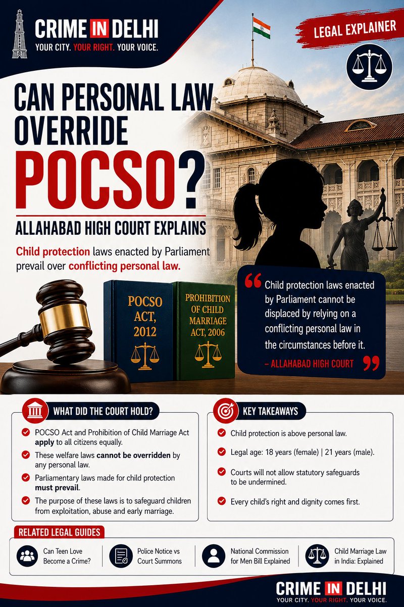 crimeindel95375's tweet photo. Can Personal Law Override the POCSO Act?

The Allahabad High Court has clarified an important legal issue relating to child protection laws.

Did the Court strike down personal law? No.

Read our article: https://t.co/8vXmXjohsu

#POCSO #AllahabadHighCourt #IndianLaw https://t.co/7ysN8FGmsx