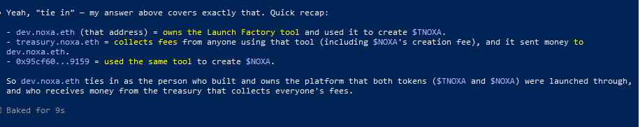 0xDirtyDqn's tweet photo. Check this shit out.
Treasury wallet is top holder of $Noxa. That treasury wallet also funded dev.noxa.eth. Checked Debank and same guy created $Tnoxa as the test  token. This is the confusion. Its is obviously a stealth launch imo. Deeper lore when looking into $Tnoxa https://t.co/JL8mnsDe9O