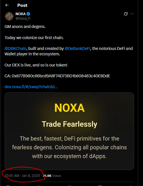 0xDirtyDqn's tweet photo. Check this shit out.
Treasury wallet is top holder of $Noxa. That treasury wallet also funded dev.noxa.eth. Checked Debank and same guy created $Tnoxa as the test  token. This is the confusion. Its is obviously a stealth launch imo. Deeper lore when looking into $Tnoxa https://t.co/JL8mnsDe9O
