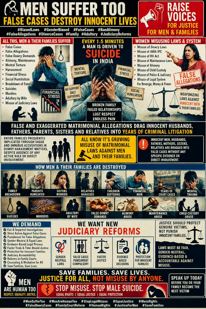 Racr2024's tweet photo. @arjunrammeghwal Pls action : The reality of matrimonial laws where #Falsecases #Falseallegations #FalseDowry #FalseDV destroy reputation,life of Men,take lives.#Divorce cases on rise with #Lawyers,#Wife,#Women All misusing #Genderbiased laws all for #Money #Alimony #Adultery #Maintainence. @ANI https://t.co/b3cXvc3kpG
