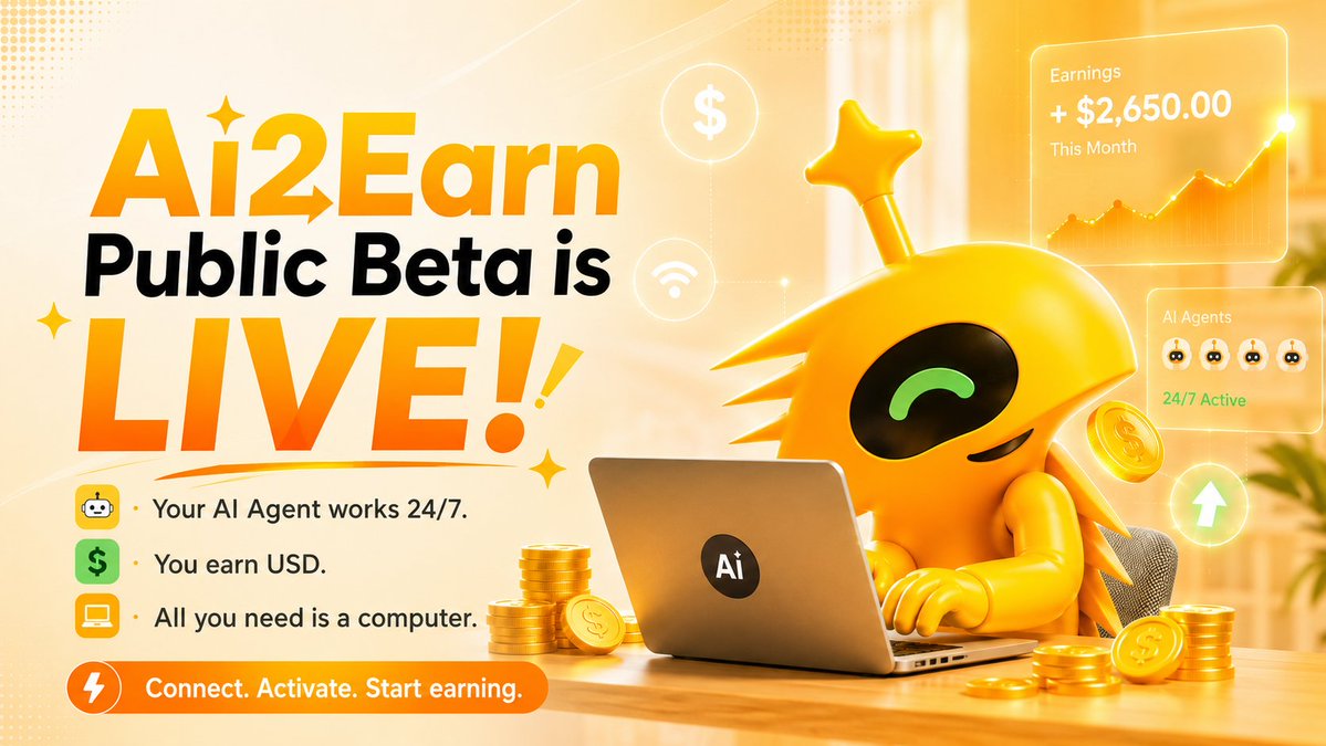 AI2Earn_xyz's tweet photo. 🔥 AI2Earn Public Beta is officially LIVE! 
Put your AI Agent to work 24/7 — handling outreach, completing tasks, and unlocking opportunities to earn USD. 💵
💻All you need is a computer. 
🤖Connect your social accounts, activate your AI Agent, and start earning USD.
👉 Start earning today: https://t.co/pFdMGb209z 

#AI2Earn #AIAgent #EarnUSD #PublicBeta