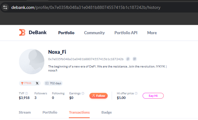0xDirtyDqn's tweet photo. Check this shit out.
Treasury wallet is top holder of $Noxa. That treasury wallet also funded dev.noxa.eth. Checked Debank and same guy created $Tnoxa as the test  token. This is the confusion. Its is obviously a stealth launch imo. Deeper lore when looking into $Tnoxa https://t.co/JL8mnsDe9O