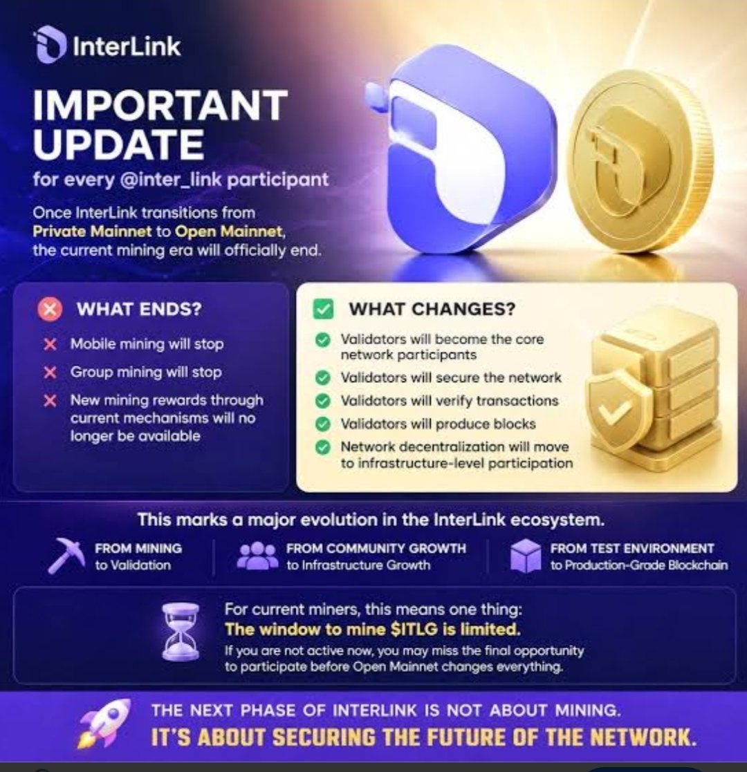 BoraShanth55373's tweet photo. Once InterLink transitions from Private Mainnet to Open Mainnet, the current mining era will officially end.
#ITLG #ITLX #ITL #Interlink #Interlink2026 #InterlinkAmbassador
@kv_interlink @reina_itl @inter_link @itlx_defi https://t.co/93zgo9d9EQ