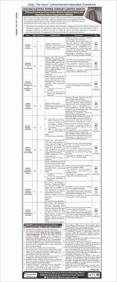 JawadAh12233708's tweet photo. 💥💥JOB OPPORTUNITY 💥💥

4Nos Advertisements for the 09 Nos Posts under MEPCO MIRAD
Publication Date: 12-07-2026
#MEPCO ##Multan #Jobs #opportunity #contract #disco https://t.co/f9fE7z5Th7