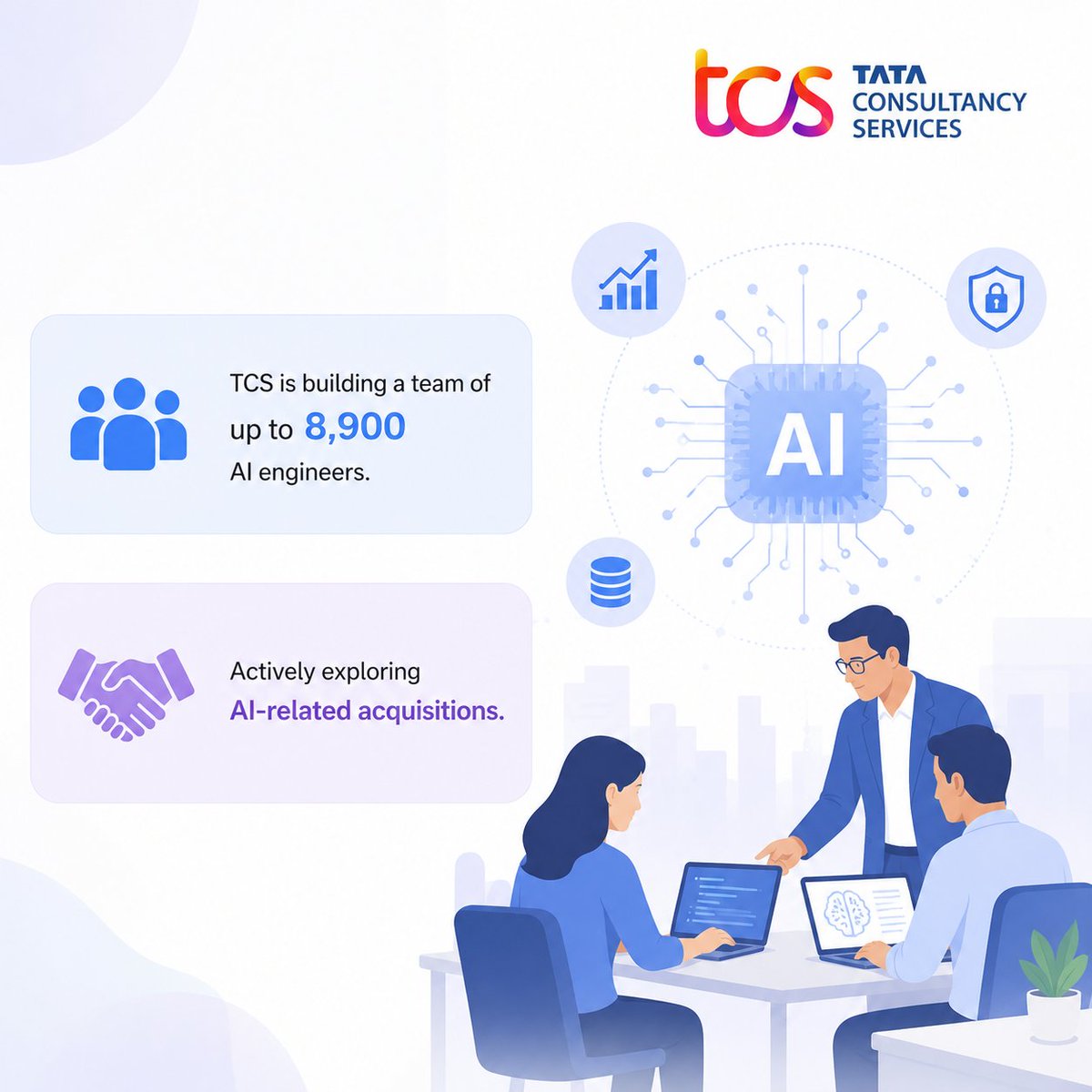 ITNewsBreaking's tweet photo. 🚨 TCS Bets Big on AI

🇮🇳 TCS is building a team of up to 8,900 AI engineers and exploring AI-focused acquisitions.

The company is expanding its AI capabilities and strengthening its enterprise AI strategy by deploying engineers to work closely with clients.

#TCS #ArtificialIntelligence #AI #TechNews #ITServices