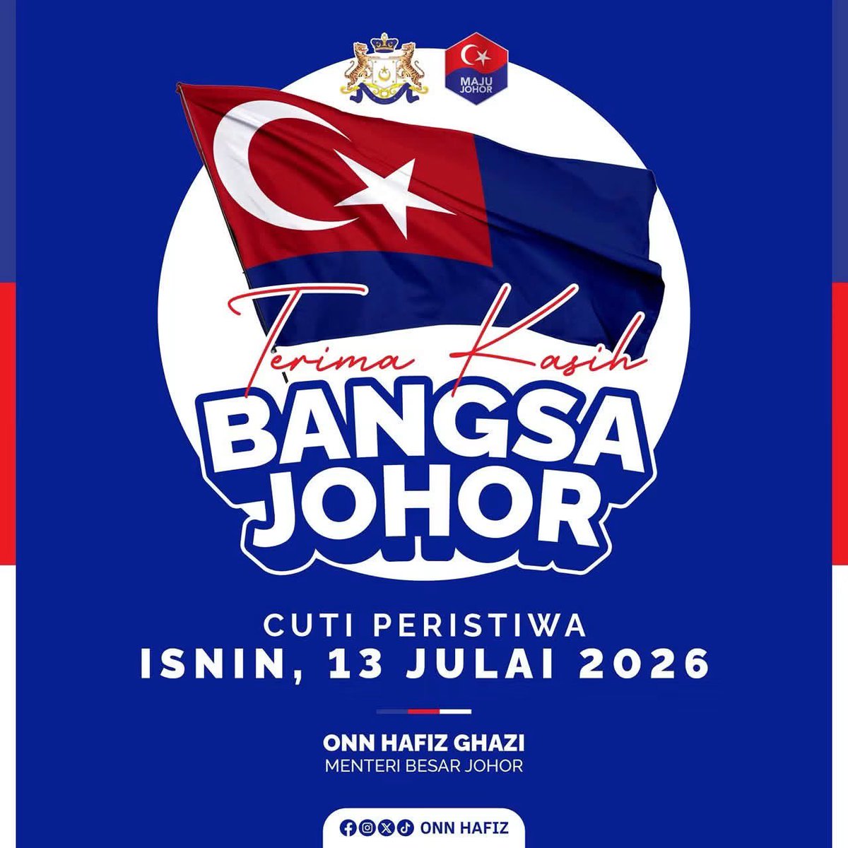 onnhafiz's tweet photo. لَا ‌حَوْلَ ‌وَلَا ‌قُوَّةَ ‌إِلَّا ‌بِاللَّهِ
Tiada daya dan upaya kecuali dengan pertolongan dan keizinan Allah SWT.

Bismillahirrahmanirrahim
Assalamualaikum warahmatullahi wabarakatuh
Salam Sejahtera dan Salam Maju Johor

Menjunjung setinggi-tinggi kasih kepada Kebawah Duli Yang Maha Mulia Seri Paduka Baginda Yang di-Pertuan Agong, Sultan Ibrahim atas limpah perkenan Baginda terhadap lantikan patik sebagai Menteri Besar Johor.

Patik juga dengan penuh takzim merafakkan sembah menjunjung setinggi-tinggi kasih kepada Duli Yang Amat Mulia Tunku Mahkota Ismail, Pemangku Sultan Johor, atas limpah perkenan serta kepercayaan yang diberikan kepada patik untuk terus memikul amanah sebagai Menteri Besar Johor. Patik akan terus melaksanakan amanah ini dengan penuh taat setia demi kemajuan negeri dan kesejahteraan Bangsa Johor.

Saya sedar bahawa setiap keputusan yang akan dibuat selepas ini akan memberi kesan kepada kehidupan jutaan Bangsa Johor. Justeru, saya berdoa agar Allah SWT terus membimbing setiap langkah, mengurniakan kebijaksanaan dalam membuat keputusan serta menetapkan hati saya untuk sentiasa berlaku adil, amanah dan ikhlas dalam memikul tanggungjawab ini.

Pada masa sama, suka saya kongsikan, atas limpah perkenan Duli Yang Amat Mulia Tunku Mahkota Ismail, Pemangku Sultan Johor, Kerajaan Negeri Johor mengisytiharkan hari Isnin, 13 Julai 2026 sebagai Hari Cuti Peristiwa Negeri Johor. Pengisytiharan ini adalah sebagai tanda penghargaan kepada seluruh Bangsa Johor yang telah menunaikan tanggungjawab dan amanah sebagai rakyat dalam Pilihan Raya Negeri Johor Ke-16.

Akhir sekali, saya memohon doa daripada seluruh Bangsa Johor agar Allah SWT terus memimpin dan mempermudahkan segala urusan kami. Semoga setiap amanah yang dipikul dapat dilaksanakan dengan penuh keikhlasan dan integriti. Semoga setiap keputusan yang dibuat sentiasa mendapat petunjuk dan keredaan-Nya. Insya-Allah.

Allah Peliharakan Sultan
Allah Berkati Johor
Kepada Allah Kita Berserah

#BangsaJohor #MajuJohor