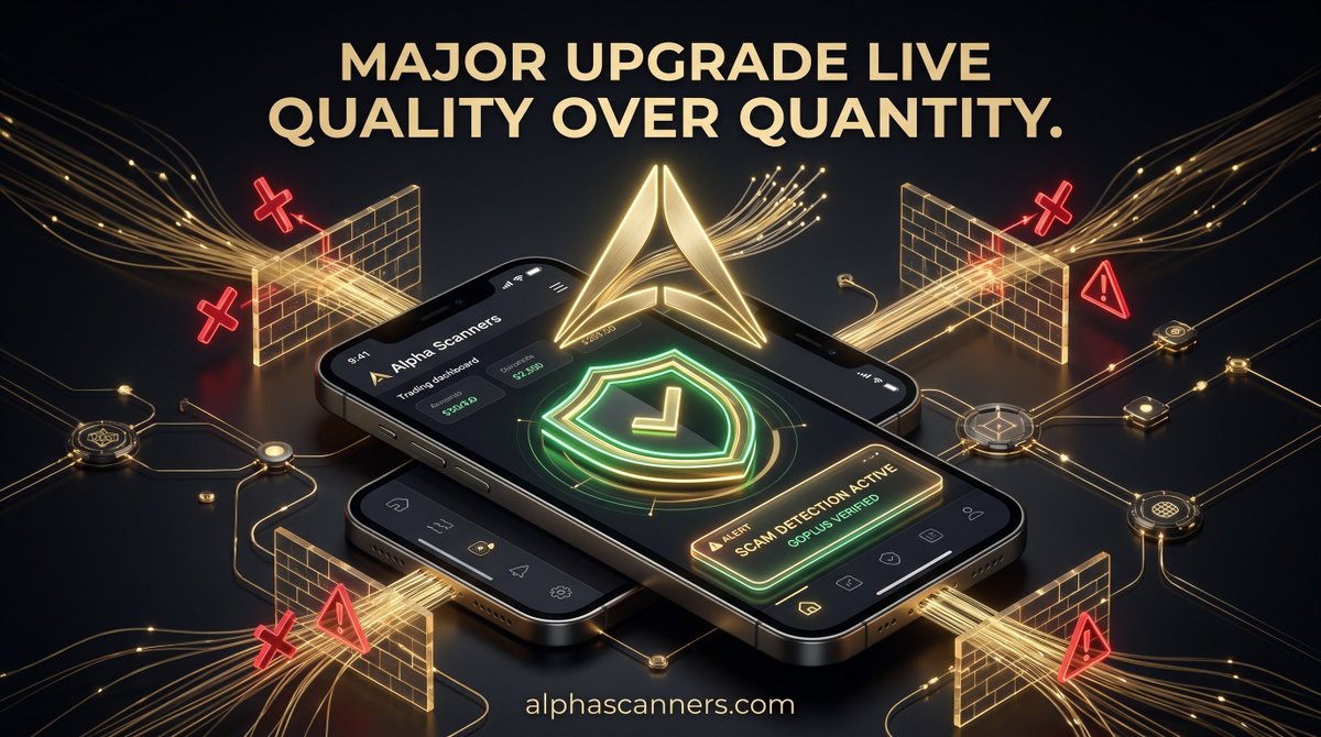 AlphaScanners's tweet photo. 🚨 MAJOR UPGRADE LIVE: Quality Over Quantity. Capital Preservation First. 🚨

We’ve just deployed one of the most significant updates since Alpha Scanners launched. While others flood your feed with noise and traps, we are actively raising the bar.

Here is what just went live on web and mobile:

🎯 Stricter AI Scoring (Fewer Signals, Higher Precision)We completely overhauled our AI scoring algorithm. The system is now significantly stricter and built to protect your capital.
 You will notice fewer signals in your feed — and that is intentional. We’d rather deliver 10 high-confidence opportunities than 50 low-liquidity traps that waste your time.

🛡️ New: Scam & Developer Track Record EngineBefore a signal reaches your dashboard, our new engine investigates the creator’s wallet: 
• Past rug-pull history and known scam flags
• Serial launch tracking (how many tokens launched & what happened to them) 
• Supply concentration and suspicious creator holdings

🔒 GoPlus Security IntegrationEvery single signal now features a full on-chain security breakdown in the "Risk & Safety" tab, checking:
✅ Honeypot detection 
✅ Mint authority status 
✅ Liquidity lock verification 
✅ Contract ownership checks

🛠️ Plus: UI enhancements, updated app onboarding, and guest-mode navigation fixes.

We built Alpha Scanners to give you a genuine data edge — not false confidence. 
Check the Developer and Security sections before your next trade. It takes 30 seconds and could save your portfolio.

Live now on all devices. Scan smarter. Trade sharper. 🌐 https://t.co/VVJ2JXF2ET