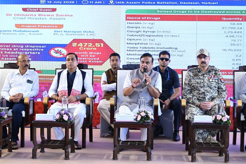 assampolice's tweet photo. The Hon’ CM Dr. @himantabiswa Sir launched a State-wide narcotics destruction drive at  14th APBN, Daulashal, Nalbari, today; by inaugurating a secure drug destruction facility established with support from MHA, GoI.

Over the next 10 days, narcotics worth ₹472.51 crore, including heroin, Methamphetamine tablets, ganja, cough syrup, opium, morphine & cocaine, will be destroyed. 

Similar destruction is underway in every district of Assam.

@HMOIndia

@DGPAssamPolice
@HardiSpeaks