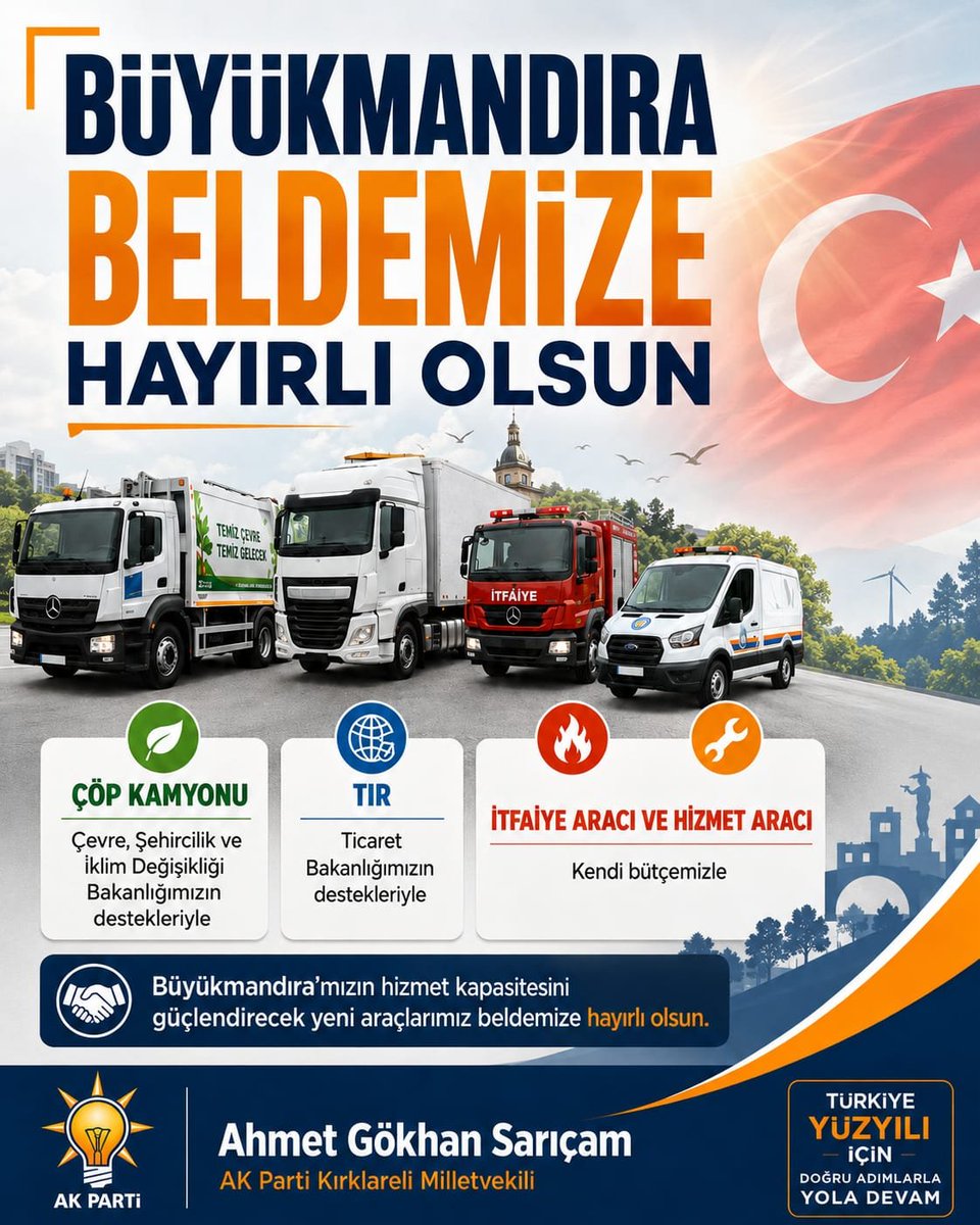 gokhansaricam's tweet photo. Büyükmandıra Beldemize hayırlı olsun.

Büyükmandıra’mızın hizmet kapasitesini güçlendirecek önemli araçları beldemize kazandırmanın mutluluğunu yaşıyoruz.

Çevre, Şehircilik ve İklim Değişikliği Bakanlığımızın destekleriyle çöp kamyonumuzu, Ticaret Bakanlığımızın destekleriyle tırımızı; itfaiye aracı ve hizmet aracımızı ise belediyemizin kendi bütçesiyle Büyükmandıra’mızın hizmetine sunduk.

Beldemize kazandırılan bu araçların, hemşehrilerimize daha hızlı, daha etkin ve daha kaliteli hizmet sunulmasına katkı sağlayacağına inanıyorum.

Başta Cumhurbaşkanımız Sayın Recep Tayyip Erdoğan olmak üzere, desteklerini esirgemeyen bakanlıklarımıza, belediye başkanımıza ve emeği geçen herkese teşekkür ediyorum.

Büyükmandıra’mıza ve kıymetli hemşehrilerimize hayırlı, uğurlu olsun.