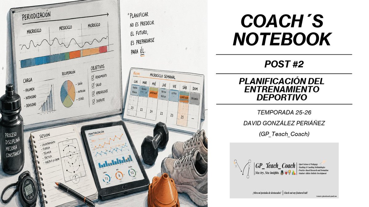 GP_Teach_Coach's tweet photo. 📘 COACH'S NOTEBOOK #2: Planificación del Entrenamiento Deportivo

+ 50 PÁGS! de evidencia científica para aplicar a cualquier deporte y categoría. ⚽️🏀🎾🏐🤾‍♀️🥊🥋🏊‍♂️

💬 Comenta "Plani", ❤️ y sígueme para recibirlo por DM.

🔁 Repost = Excel de planificación + recurso EXTRA 🎁

El objetivo de este Notebook no es ofrecer un calendario perfecto ni una receta universal para planificar una temporada.

Pretende reunir los principios, modelos y evidencias que me han ayudado a comprender la planificación del entrenamiento como un proceso flexible, individualizado y orientado al desarrollo del deportista. La idea central del documento es que planificar significa adaptar las cargas, respetar la biología del jugador y tomar mejores decisiones, no simplemente organizar sesiones.

En 50 páginas encontrarás una visión práctica de la planificación deportiva: desde los fundamentos científicos hasta la construcción de macrociclos, mesociclos y microciclos, acompañados de ejemplos, recursos visuales y aplicaciones directas para el entrenamiento.

Si alguna de estas ideas termina ayudándote a planificar con más criterio, adaptar mejor tus entrenamientos o comprender por qué haces lo que haces cada semana, el objetivo de este Notebook estará cumplido.