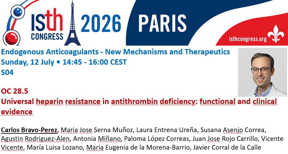 crh_MoralesIMIB's tweet photo. Ultima Presentación Oral del día donde Carlos Bravo presenta en #ISTH2026 la existencia habitual de Resistencia a heparina en pacientes con deficiencia de antitrombina. Dato clínico relevante. Trabajo en colaboración con hospitales Virgen de las Nieves, Clínico (Madrid) y Toledo. https://t.co/YhW519o3rM