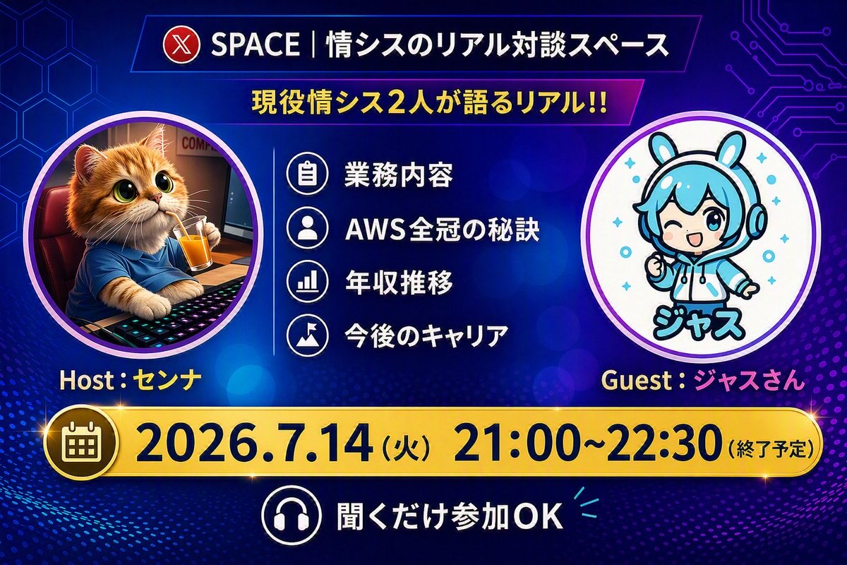 itinfocharge's tweet photo. 🗣️【7/14（火) 21時から！】𝕏情シススペース　
※録音なし

今回はAWS資格全冠のジャスさんにお話を伺います！
クラウドの知識あまりないので気になります！

さらに、僕と同じ製造業ということで、色々と業務内容についても聞きたいと思います🙂
転職したことはなく、1社で勤め続けているようで、そのあたり（年収やなぜ転職しないのか）も深掘りしていきます！

日　時 :  7/14(火)21時〜22時30分（終了予定）
ゲスト :  ジャス@社内SE×個人開発さん（ @jus1730 ）

情シス/社内SEのリアルな"今"が分かるスペースは他にはない！（たぶん）ので、ぜひご参加ください😺