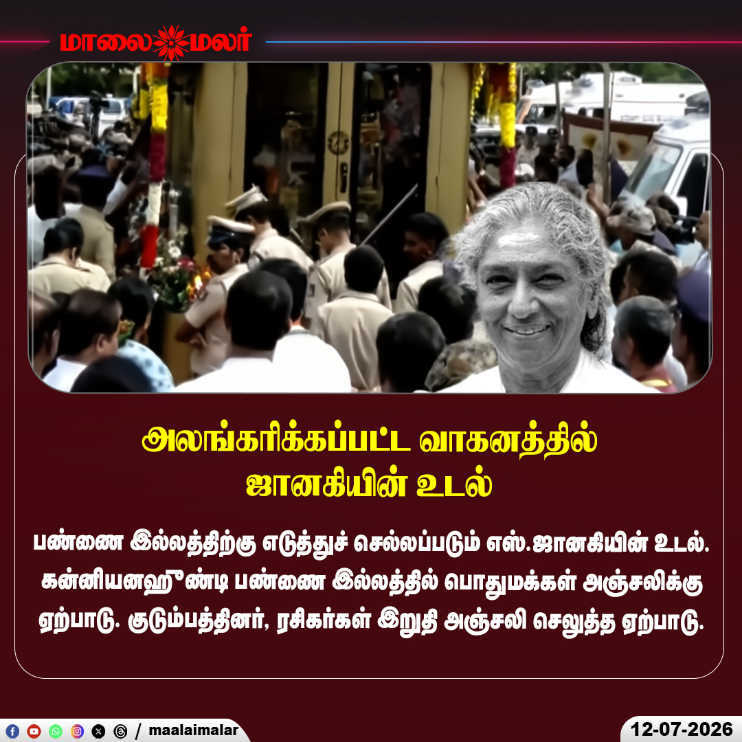 maalaimalar's tweet photo. அலங்கரிக்கப்பட்ட வாகனத்தில் இறுதி பயணம்!
#SJanaki #FinalJourney #FinalTribute #PublicTribute #Mysuru #TamilMusic #PlaybackSinger #MusicLegend #RIPJanaki #Maalaimalar https://t.co/1tSUEzXShe