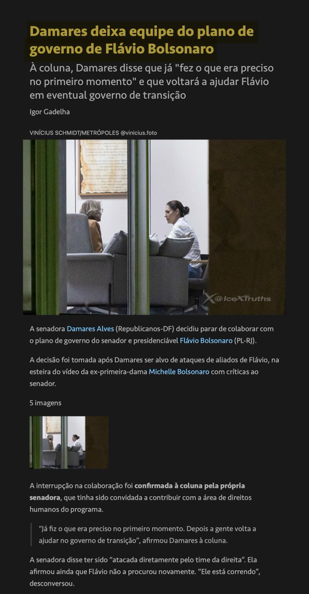 IceXTruths's tweet photo. 😂😂😂 Que união, que nada. O circo pegou fogo rapidinho.

Ontem o Flávio Bolsonaro @FlavioBolsonaro  leu aquela carta bonitinha pedindo “união”, “empenho” e “todos juntos contra o PT”. Hoje a Damares Alves, aquela que só virou senadora porque a base bolsonarista carregou ela nas costas, simplesmente pula do barco como rato que sente o navio afundando.

“Já fiz o que era preciso no primeiro momento.” Tradução: “Usei o voto de vocês, agora tchau e bênção. Flávio que se vire, ele tá correndo.”

Que lindo exemplo de lealdade, hein? A pastora que vive posando de defensora dos valores conservadores abandona o filho do mito logo após o apelo de união. Zero gratidão, zero compromisso, só interesse próprio. Eleita na onda bolsonarista e agora “não colabora mais” porque levou cutucão da Michelle. Sensacional.

É isso aí, direita “unida”. Uma senadora eleita no colo do bolsonarismo largando o candidato presidencial do Bolsonaro no meio do caminho.

Enquanto o PT ri de canto de boca, a “base” se esfaqueia ao vivo. Parabéns, Damares. Você acabou de provar, mais uma vez, que muita gente nessa suposta “terceira via” ou “direita raiz” não passa de oportunista de plantão.

O barco afunda e os ratos já estão no bote salva-vidas. Patético. 🇧🇷

Quem segura a campanha do Flávio desde o começo são as tias do Zap e os tios do churrasco. Os 'estratégicos', os 'intelectuais' e as pastoras de ocasião só aparecem pra tirar foto e pular do barco quando aperta.

Fato