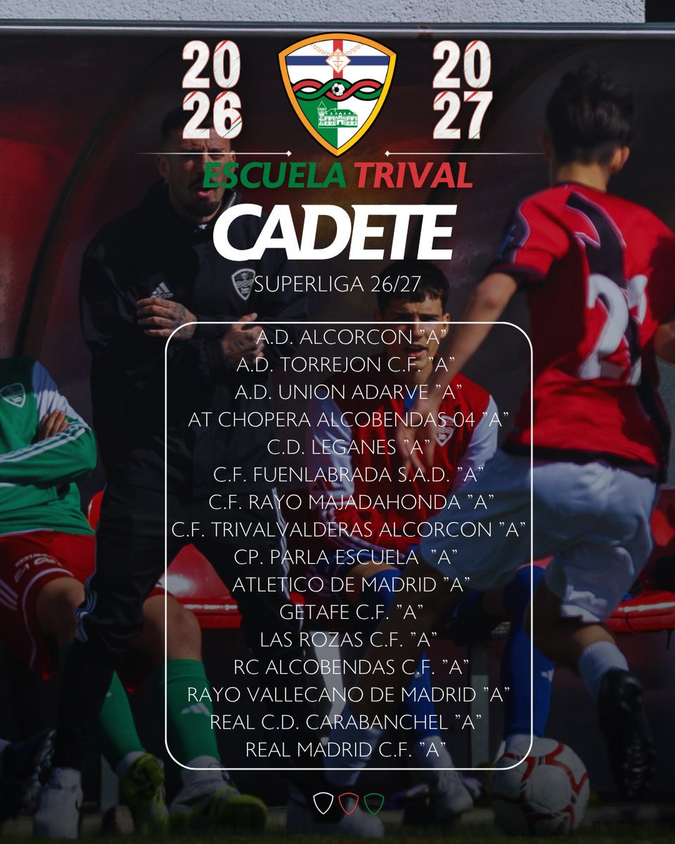 EscuelaTrival's tweet photo. 🏆⚽ SUPERLIGA | 

Nuestros Cadete A, Infantil A y Alevín A ya conocen a los rivales que marcarán su camino durante la temporada 26/27.

Tres equipos de la @escuelatrival entre los mejores de la Comunidad de Madrid. 🤍❤️💚

🔗 https://t.co/L9NfymMKvr

#VamosTrival https://t.co/pCcR7PSLDl