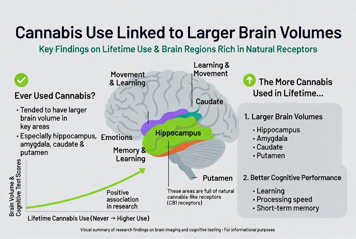 marclanders's tweet photo. Data on 35,000+ adults:   the more cannabis you’ve used in life, the bigger your hippocampus and the better your brain works after 40!

People who had ever used cannabis tended to have larger brain volume in key areas that are full of natural cannabis-like receptors (especially the hippocampus, amygdala, caudate, and putamen – these areas are important for memory, emotions, learning, and movement).  

The more cannabis someone had used in their lifetime, the larger these brain areas were and the better they performed on tests of learning, processing speed, and short-term memory.
https://t.co/mc7OswiMsk