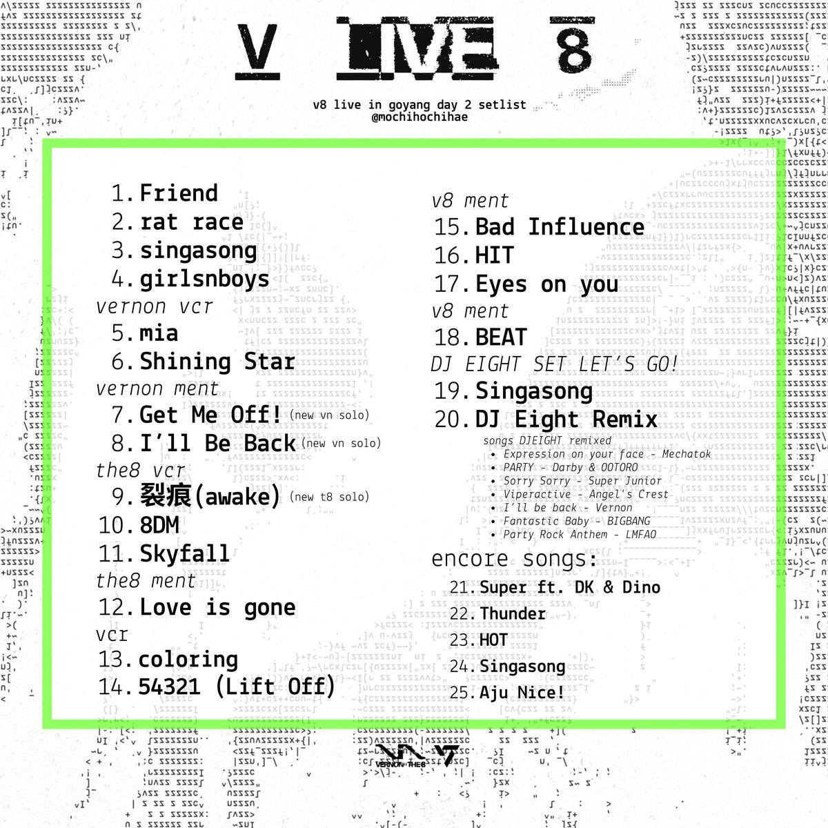 mochihochihae's tweet photo. vernon the8: v8 live in goyang — day 2 concert setlist 💚

#V8 #seventeen https://t.co/dyZKiRV5np
