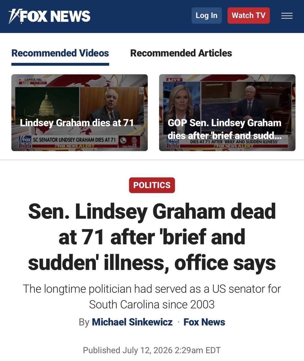 Juliedonuts's tweet photo. LINDSEY GRAHAM DEAD AT 71.

Who’s next. https://t.co/YL8vSLHFs2